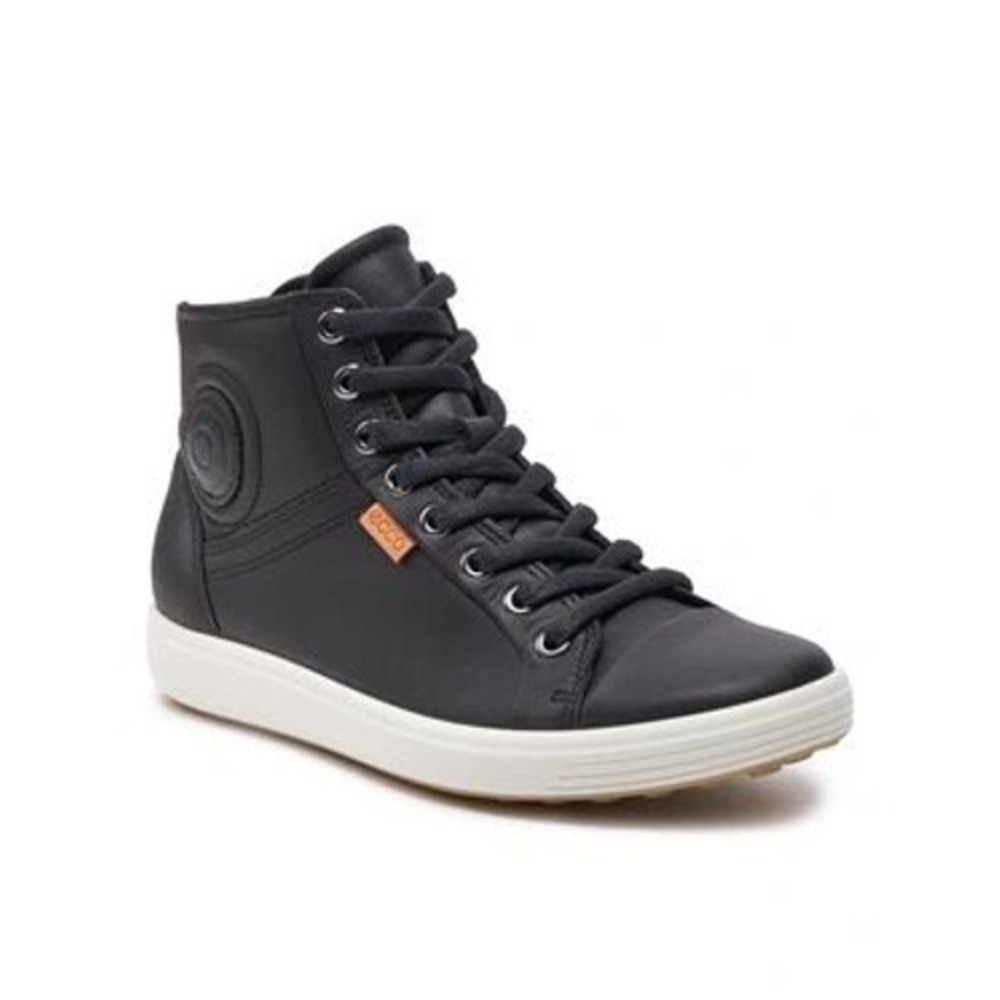 ECCO Size 39 Black Leather High Top Sneakers Lace Up Comfort Casual Shoes